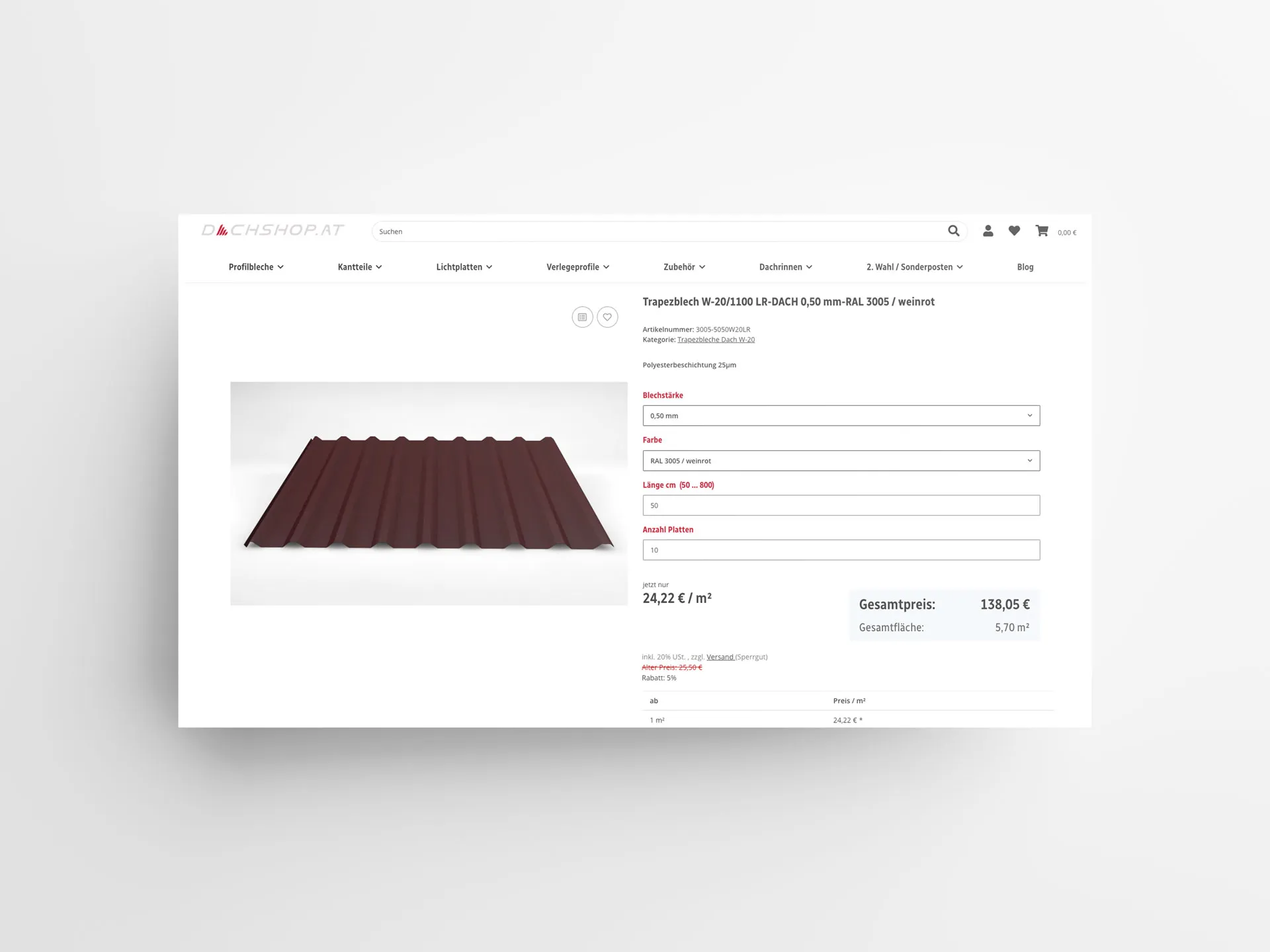 Dachshop Website Produkt Berechnungstool